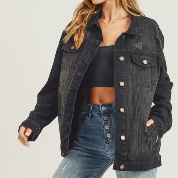 RISEN Distressed Cotton Torn Denim Jean Jacket Long Sleeve Black Button Collar - Picture 5 of 16